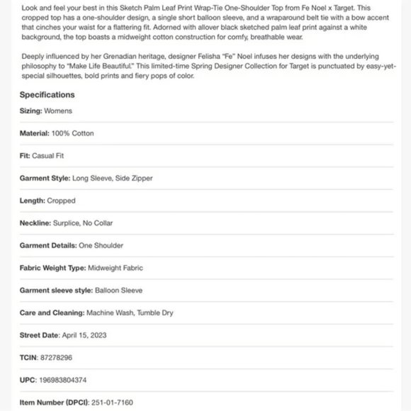 NWT Women's Sketch Palm Leaf Print Wrap Tie One Shoulder Top - Fe Noel x Target - Picture 2 of 6